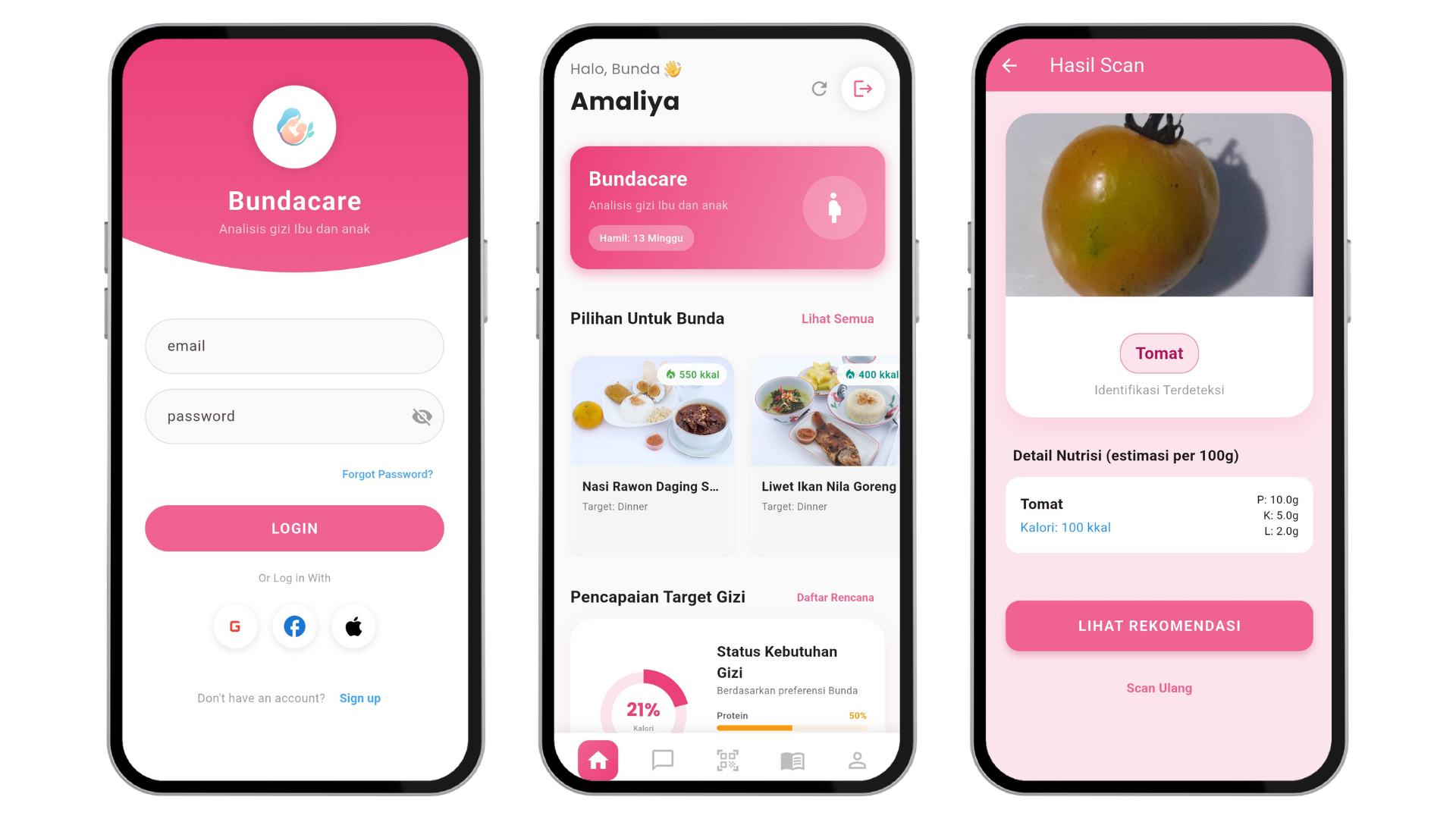 Bunda Care mobile app preview showing UI screens