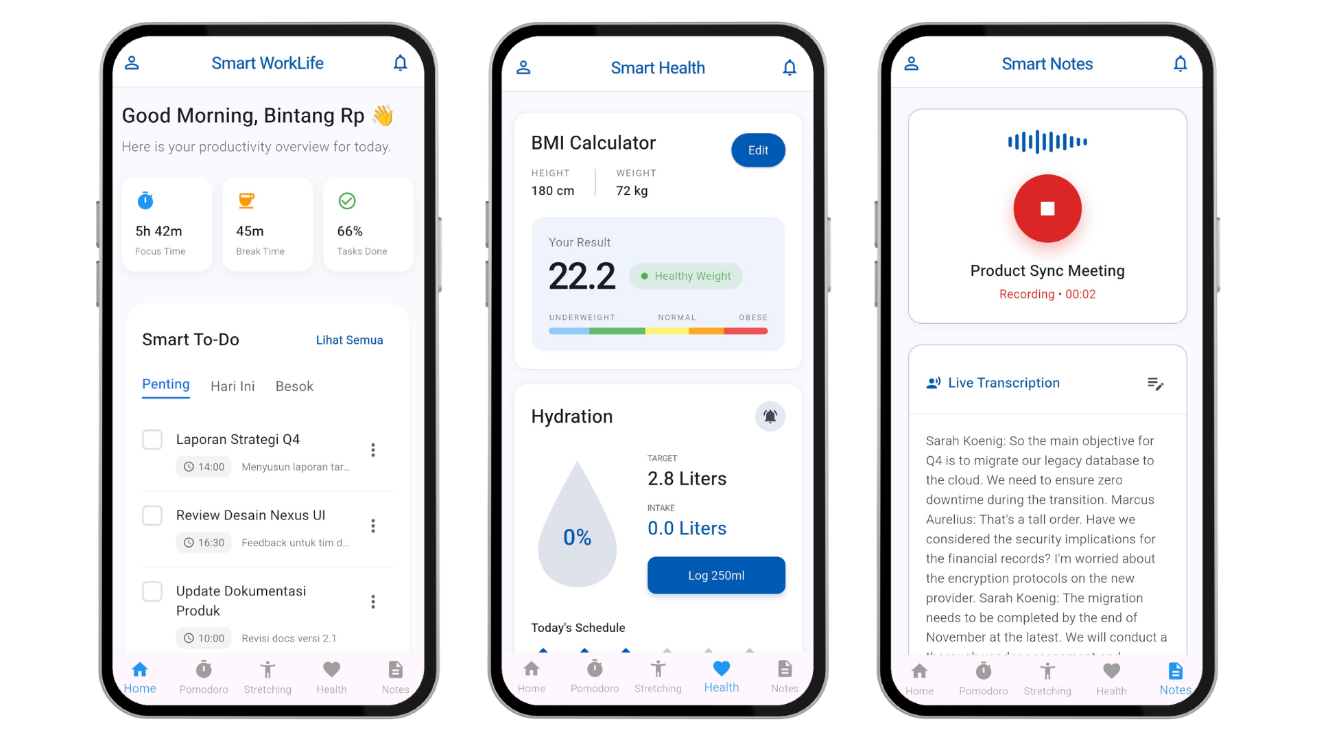 Smart Work-Life app preview showing wellness tracking screens